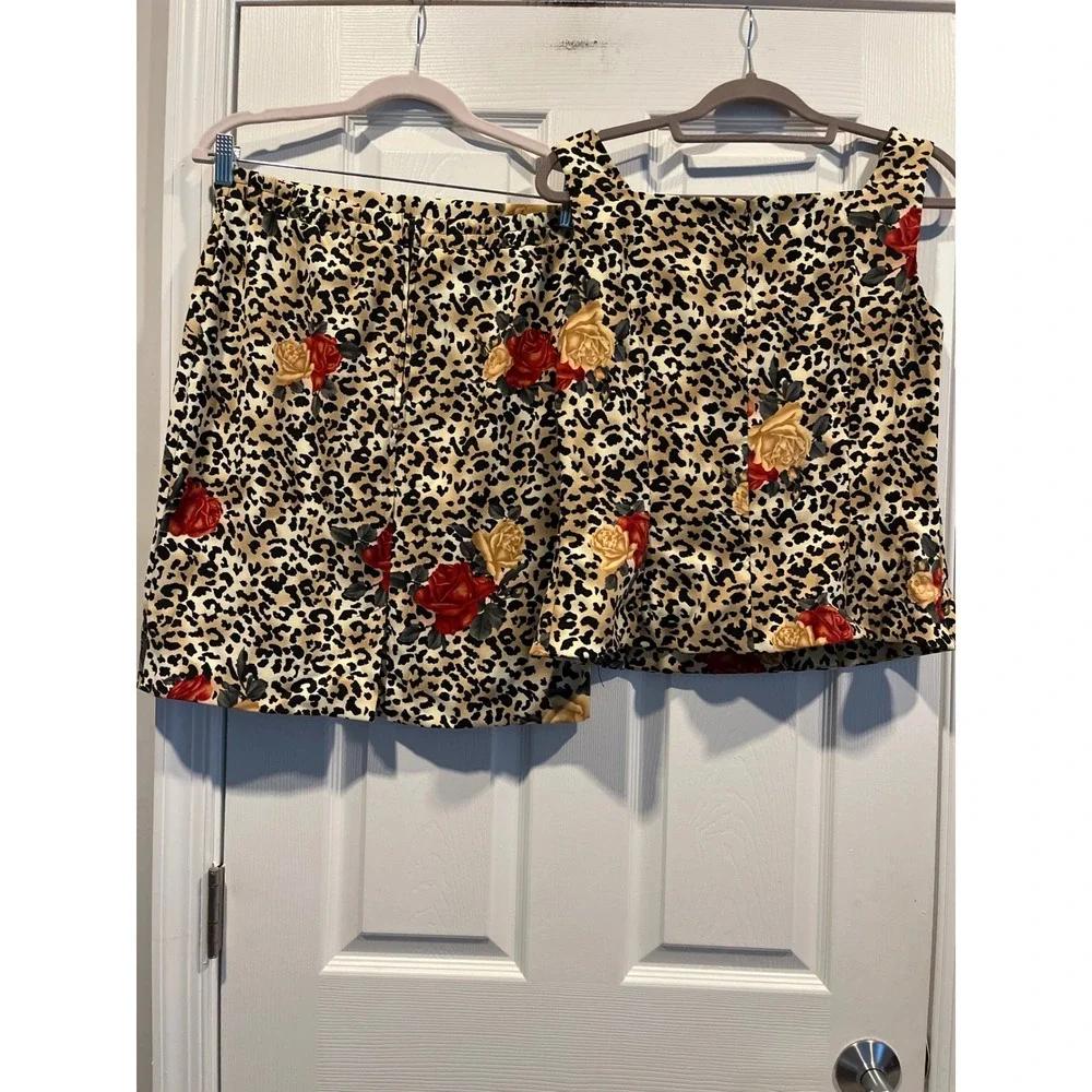 John Roberts Leopard Rose Print Skirt Set 2 Piece Sleeveless Peplum Top Size 10